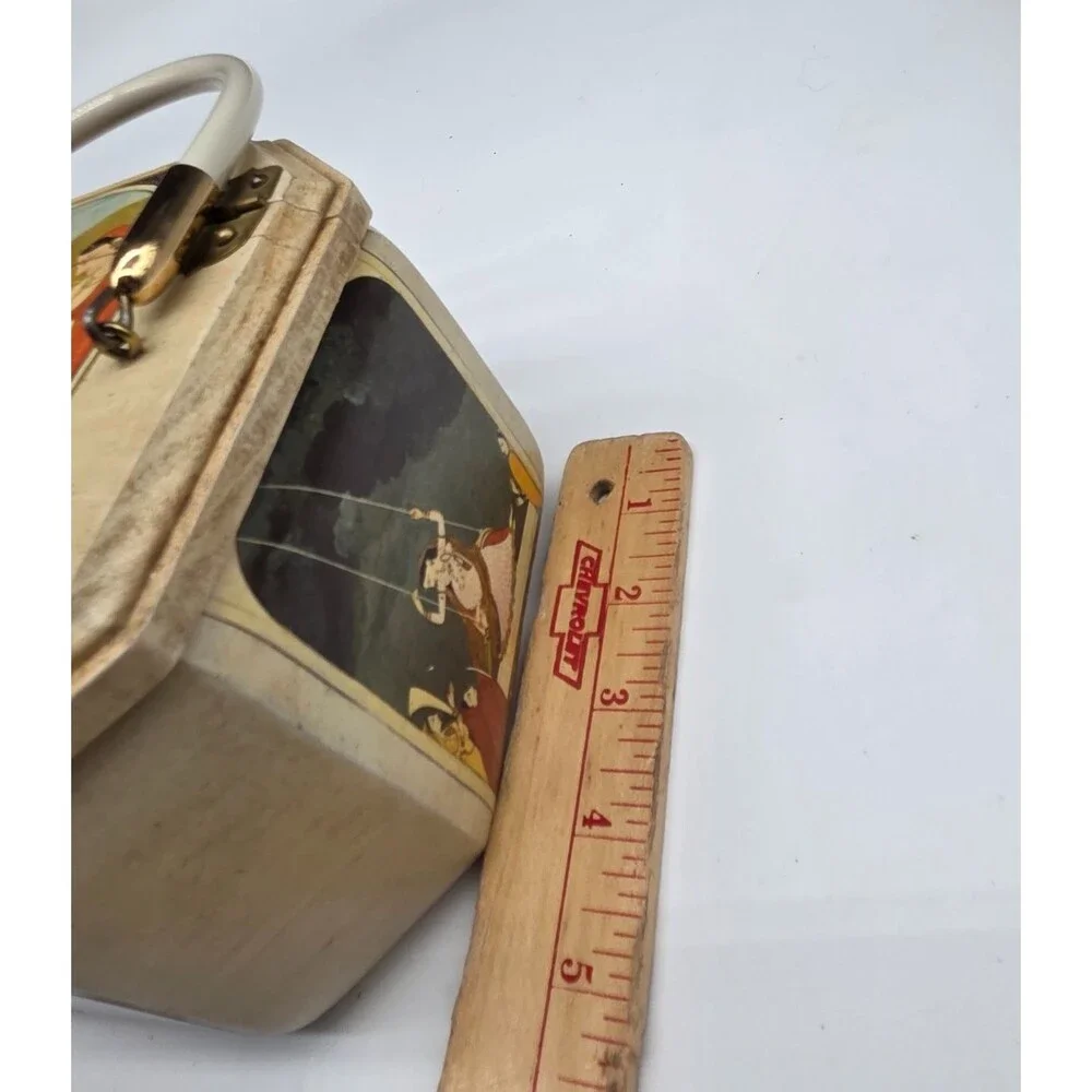 Vintage 1970s Wooden Lacquer Box Purse Indian Motif Felt Lining